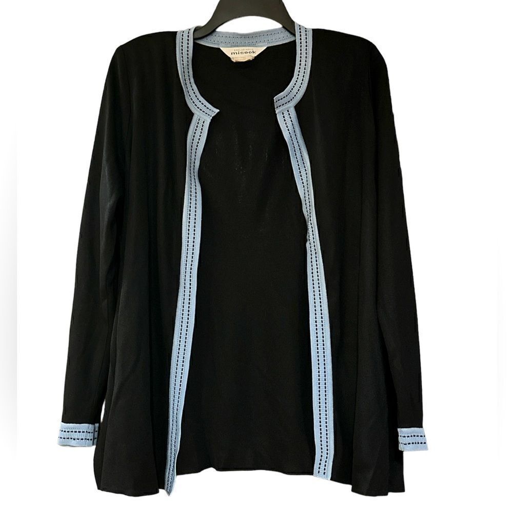 Exclusively Misook vintage open front cardigan black light blue L